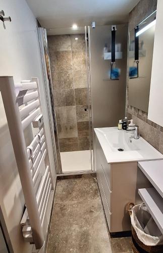 une salle de bain avec douche et lavabo dans l'établissement Cocon cozy, vue magique, à Demi-Quartier