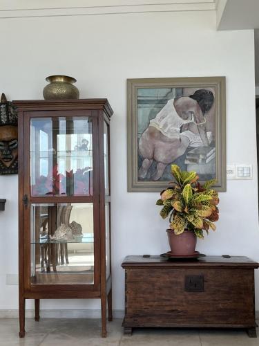a cabinet and a potted plant on a table in a room at Extraordinary Seafront Apartment in Recife