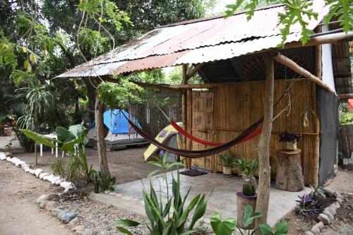 a small house with a hammock in a garden at Hostal Palomino EcoHouse & Camping in Palomino