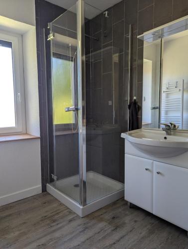 une salle de bain avec douche et lavabo dans l'établissement Les Ouches, à Bessamorel