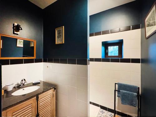 a bathroom with a sink and a mirror at Petite maison rurale in Anlhiac