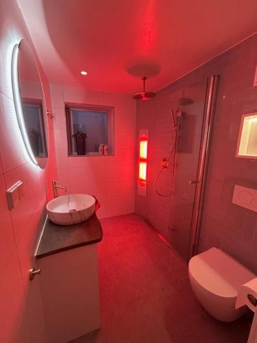 a red bathroom with a toilet and a sink at Ann's Cozy Tides by sea with sun-shower in Noordwijk in Noordwijk aan Zee