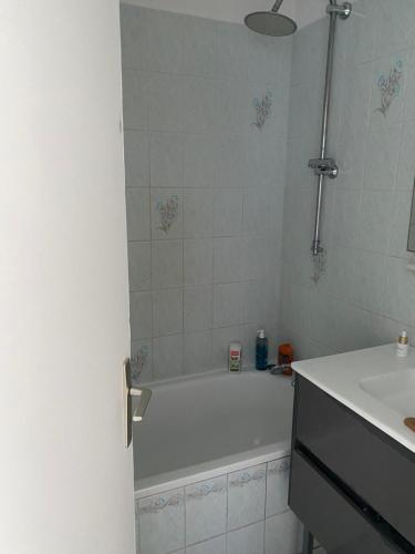 une salle de bain avec une baignoire blanche et un lavabo dans l'établissement 24h Le Mans, au Mans