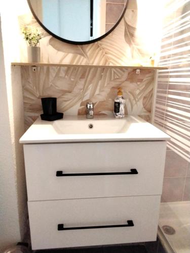 La salle de bains est pourvue d'un lavabo blanc et d'un miroir au-dessus. dans l'établissement Studio Port du Cap d'Agde, au Cap d'Agde
