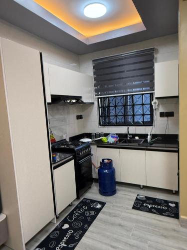 a kitchen with white cabinets and a black stove at Mirenbe apartments in Nalakonge