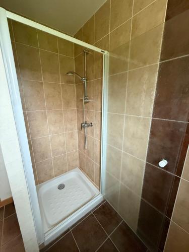 a shower with a glass door in a bathroom at L'écrin des Epicéas appartement 4 à 6 personnes in Prémanon