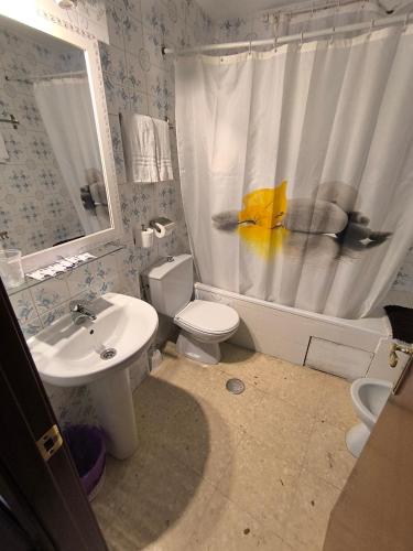 a bathroom with a sink and a toilet and a shower at Hospedería Lucano in Córdoba