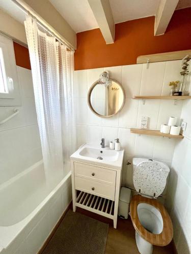 une salle de bain avec toilettes, lavabo et miroir dans l'établissement Maisonette Landaise, à Vielle-Saint-Girons