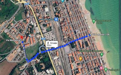 a map of a beach with a blue trail at ConeroAir, A place to come back to in Porto Recanati