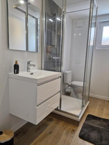 a white bathroom with a sink and a shower at Le Zénith - 3 chambres, 3 sdb, climatisé - 8 pers max - Réservation à la chambre possible - Local à vélos in Lagnieu