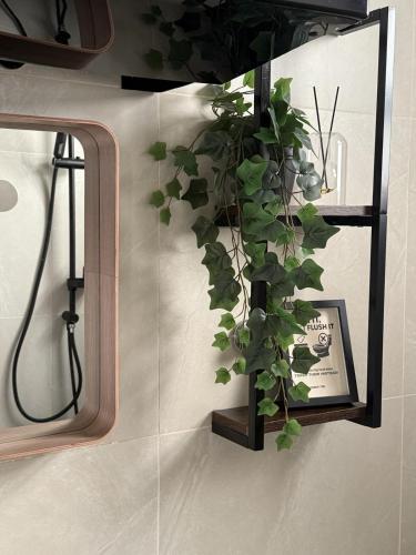 Eine Pflanze an einer Wand neben einem Spiegel in der Unterkunft ツ Najd Unit Luxe by KAFD in Riad