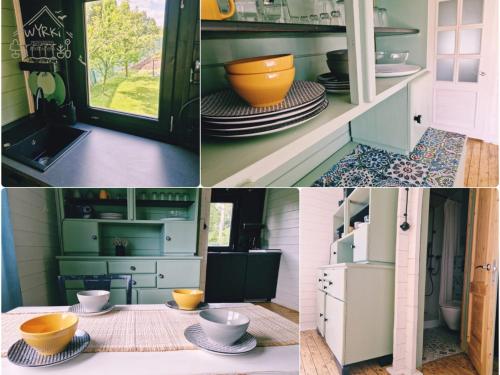 a collage of four pictures of a kitchen with bowls and plates at Wyrki - Przestrzeń Rekreacyjna in Ćmińsk