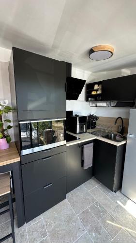 une cuisine avec comptoirs et appareils en noir et blanc dans l'établissement Lappartement du sud, à Saint-Quentin-la-Poterie