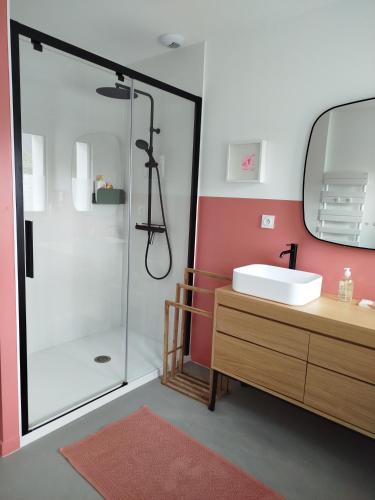 une salle de bain avec une douche, un lavabo et un miroir dans l'établissement Chambre d'hôtes - à 2 pas du GR34, à Landunvez