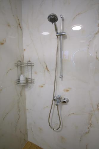 a shower with a shower head in a bathroom at Iris Luxury Loft in Mytilini