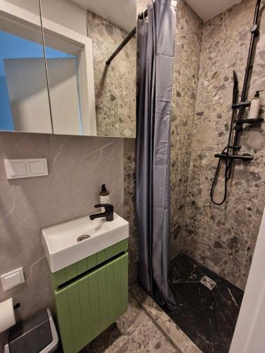 a bathroom with a sink and a shower at Miniukas in Kaunas