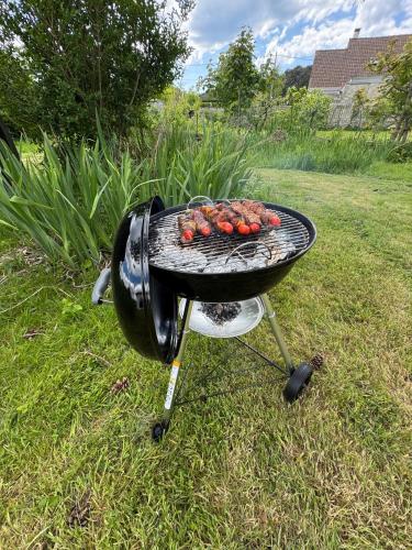 un grill avec des tomates dessus dans une cour dans l'établissement Maison avec Jardin Spacieux proche Touquet, à Cucq