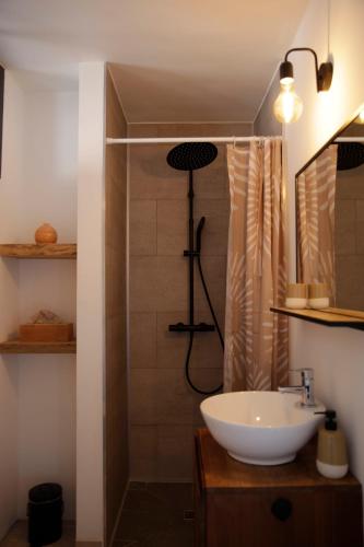 a bathroom with a sink and a shower at El nido in La Teste-de-Buch