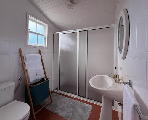 a bathroom with a shower and a sink and a toilet at Casa do Cacto - 2 Bedroom Apartment in Madalena
