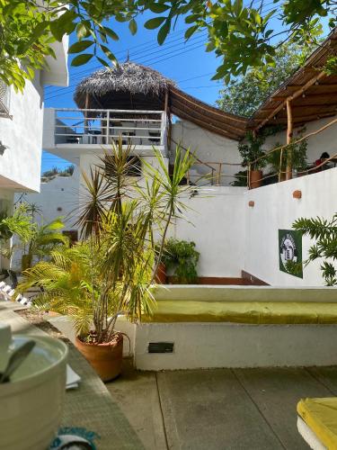 a building with a bench with a umbrella and plants at Posada Restaurant La Guaricha in Catia La Mar