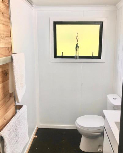 a bathroom with a toilet and a window at Gorgeous Glamping in Karangahake in Karangahake