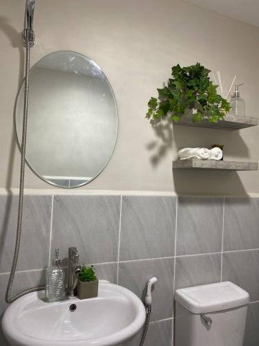 a bathroom with a sink and a mirror and a toilet at Moonlight Chic Living in Lapu Lapu City