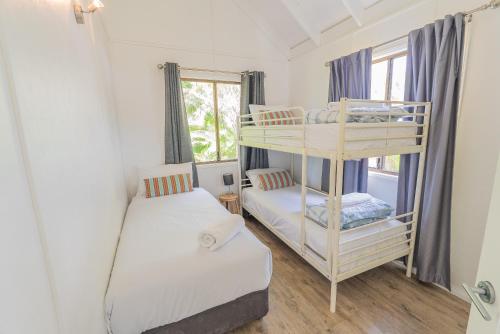 a bedroom with two bunk beds and a window at Belle's on Ballow - Kookaburra Lodge - Absolute Waterfront in Amity Point
