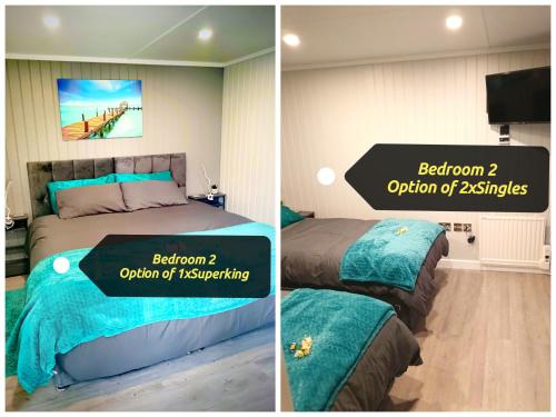 two pictures of a bedroom with a bed and a television at Peaceful 2-bedrooms guesthouse, Sleep 4, Parking, Private entrance, Heating, AirCon, SuperFast Wifi in Derby