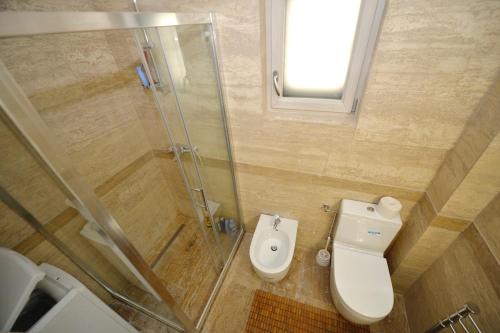 a bathroom with a shower and a toilet and a sink at Apartment Grotta in Dobrota