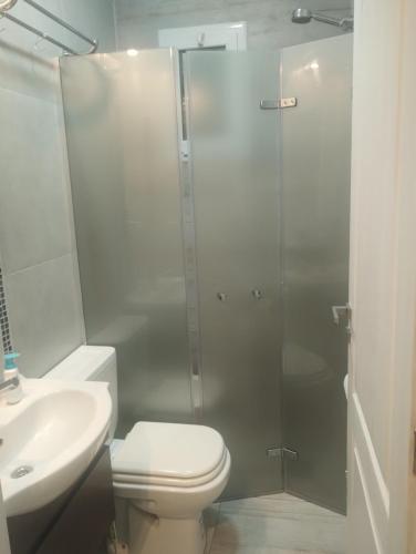 a bathroom with a shower and a toilet and a sink at Mel in Tandil