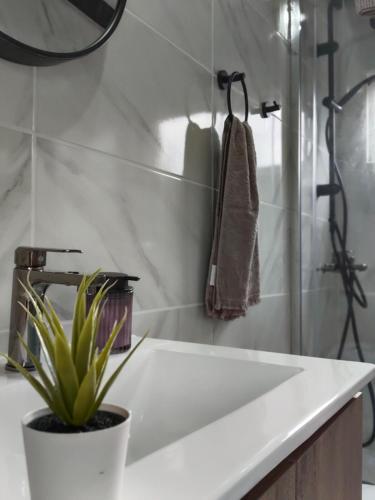 a bathroom with a white sink and a shower at Cabaña Aeropuerto 2 personas in Puerto Montt