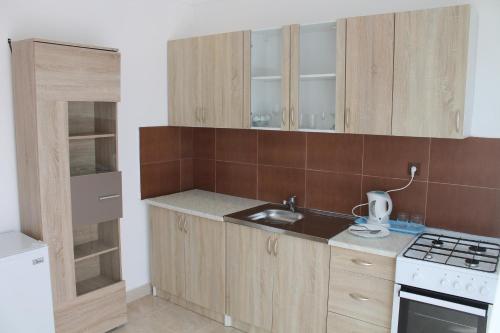 a kitchen with wooden cabinets and a sink and a stove at Rooms and Apartments Milana in Bar