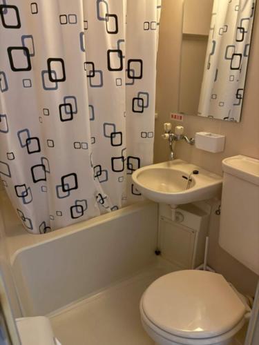 a bathroom with a toilet and a sink and a shower curtain at Omori 8min Stylish and comfortable room in Tokyo