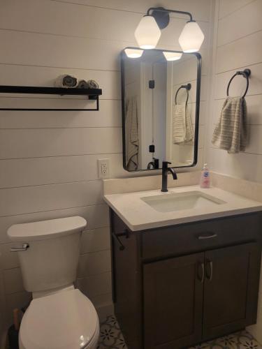 a bathroom with a toilet and a sink and a mirror at Adventure Awaits in Beaufort
