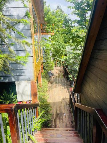 a wooden walkway leading up to a house at Sapa Pine Hill Eco Lodge in Sa Pa