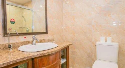 a bathroom with a sink and a toilet at GreenTree Alliance Zhejiang Zhoushan Putuoshan Zhujiajian Scenic Spot Hotel in Zhoushan