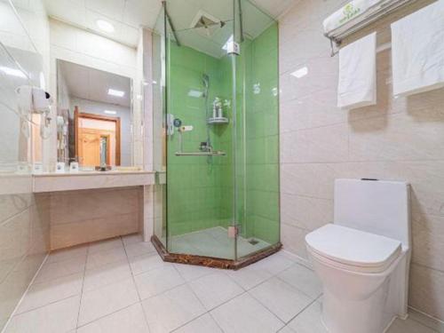 a bathroom with a shower and a toilet and a sink at GreenTree Inn Haixi Geermu Southern suburbs Express Hotel in Golmud