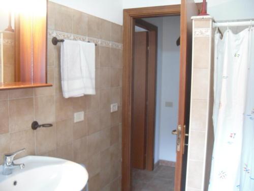 uma casa de banho com um lavatório, um espelho e um chuveiro em Appartamento MareMontagna em Cardedu