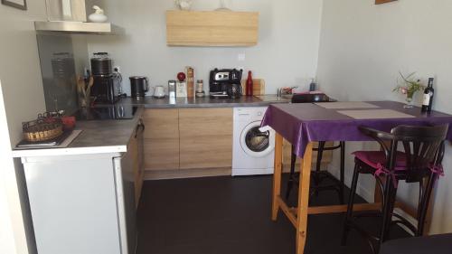 a kitchen with a washing machine and a purple table at Le Clos Du Presbytere in Puisseguin