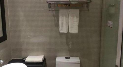 a bathroom with a toilet and towels on a wall at The Art Hotel in Shenzhen