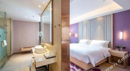 a bedroom with a bed and a bathroom with a sink at Lavande Hotels·Yichang Wanda Plaza in Yichang