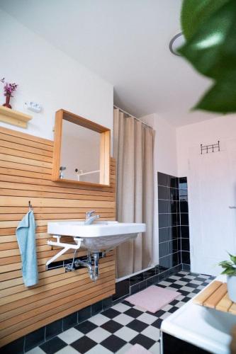 a bathroom with a sink and a mirror at Ferienwohnung auf Biohof Gutso in Gaildorf