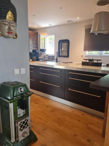 une cuisine avec des armoires noires et un comptoir dans l'établissement La Villa du Teich, au Teich