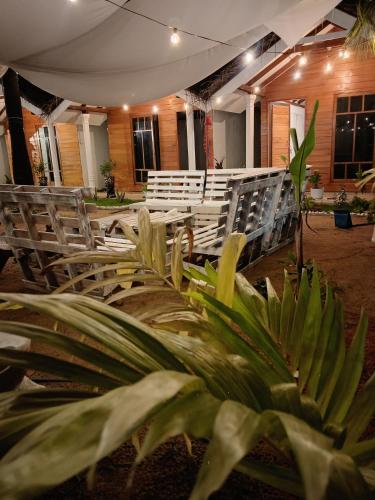 a row of wooden benches in a building with plants at Bliss Cabana in Trincomalee