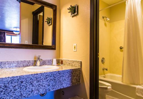 a bathroom with a sink and a mirror and a toilet at Mountain View Lodge in Parowan