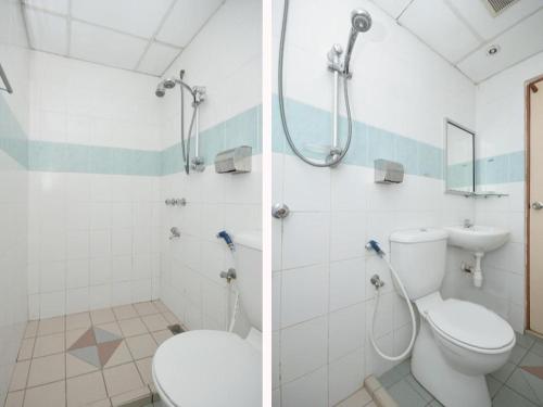 two pictures of a bathroom with a toilet and a shower at OYO 969 Hotel Pantai View in Labuan