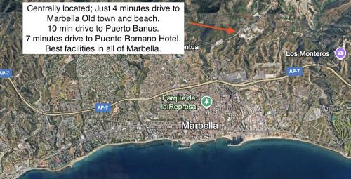 a map of a road with a red arrow at NEW ocean view private property centrally located, just 3 minutes to Marbella city center in Ojén
