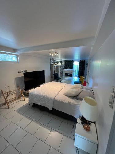 une chambre avec un grand lit et une télévision dans l'établissement 23 Avenue Pasteur, à Saint-Julien-du-Sault