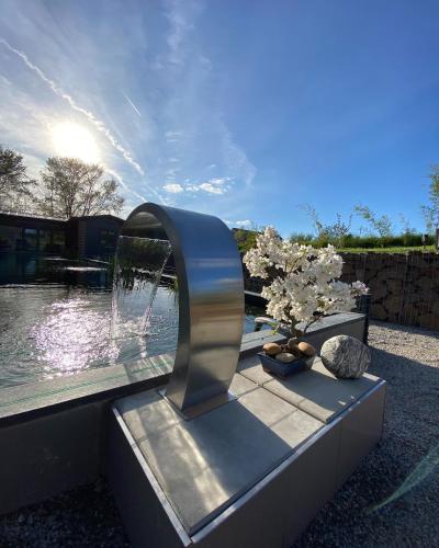 a sculpture of a fountain next to a body of water at Alexa Resort in Borovany
