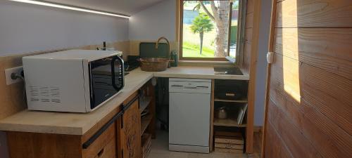 une petite cuisine avec un micro-ondes et un réfrigérateur dans l'établissement Cabane Wood & Spa, à Chasselay